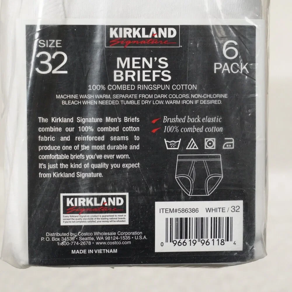 Kirkland Signature Mid-Rise Briefs 6-Pack Mens 32 White Combed Cotton Underwear